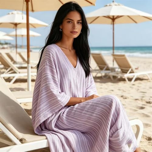 Vestido caftán a rayas largo con cuello en V y manga murciélago 5