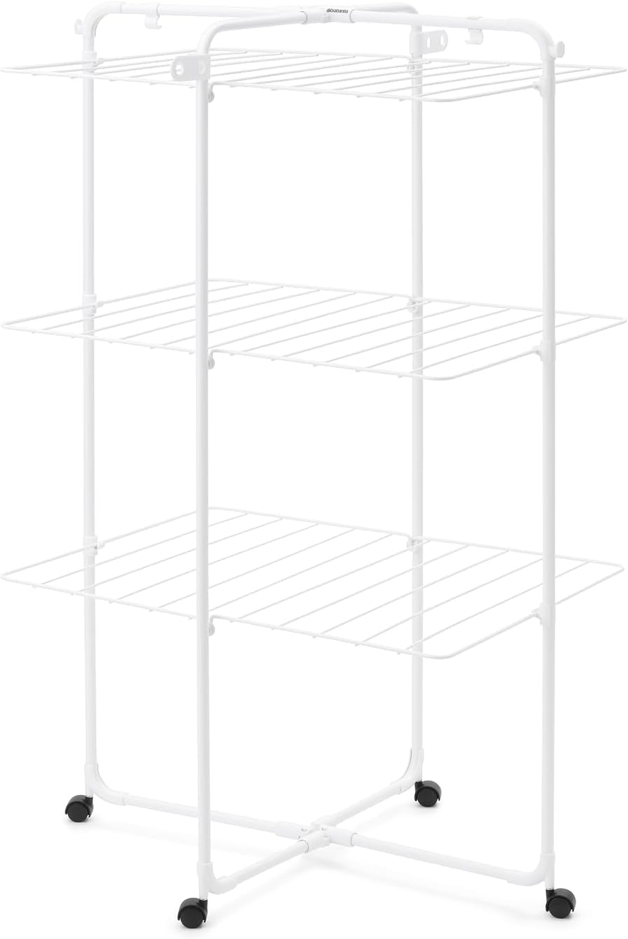 Brabantia HangOn Tower Drying Rack, 23 m (weiß), Turmwäscheständer klappbar, platzsparender Standtrockner mit Rollen und Aufhängehaken