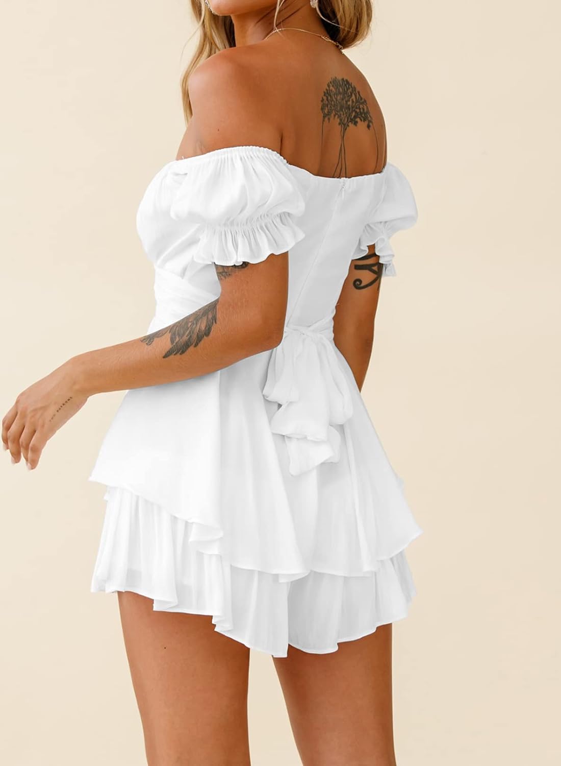 Womens Ruffle Shorts Jumpsuits Off the Shoulder Short Sleeve Double Layer One Piece Rompers - Image 3