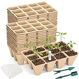 Hosetim Seed Starter Tray - 300 Cells Biodegradable Peat Pots for Seedlings, 25 Packs Garden Germination Seedling Starter Trays with Drain Holes, Organic Seed Starter Kit with Plant Labels(Khaki)