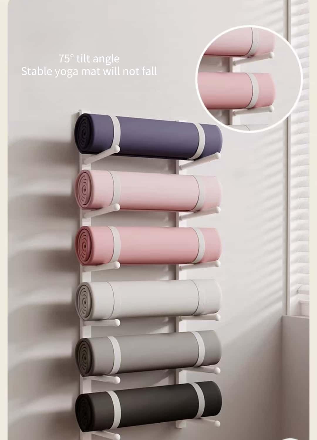 Support Mural Premium pour Tapis de Yoga - Support à 8 Niveaux avec Rangement pour Rouleau en Mousse et Bande de résistance - Accessoire de Gym à Domicile (Blanc, 51 cm)