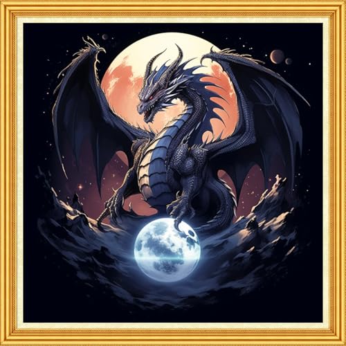 Image of Foxhool Stamped Cross Stitch Kits,11CT Printed Cross Stitch Pattern Full Embroidery Kits for Beginner Needlepoint Kits-Moon Dragon 18x18 inch