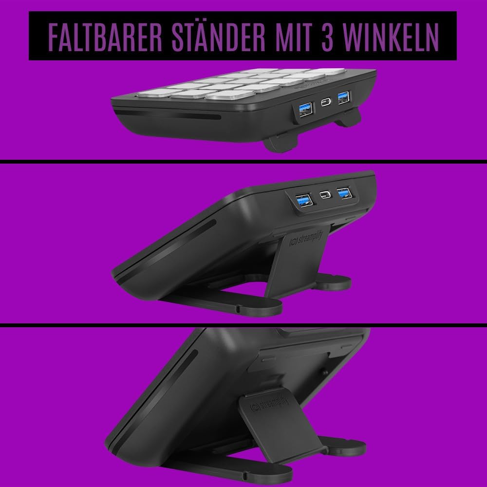 Streaming Deck ONE, 15 anpassbare LCD-Tasten, integrierter USB-Hub, klappbarer Ständer mit 3 Winkelstufen, rutschfeste Füße, kompatibel mit Windows und Mac OS