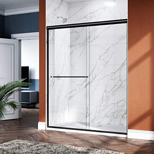 Elegant Double Sliding Shower Door 60 In. W X 72 In. H，Semi-Frameless Glass Shower Screen Panel 1/4" Clear Glass Bathroom Doors Bypass Shower Enclosure，Black Hardware #TOP1