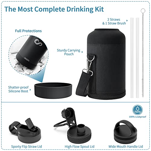 Inspi 128Oz Insulated Water Bottle With 3 Lids & Straws & Carrier Bag & Silicone Boot, Stainless Steel Vacuum Flask, Wide Mouth Thermos For Hot & Cold - Leakproof, Sweatproof For Gym, Sports, Hiking #TOP4