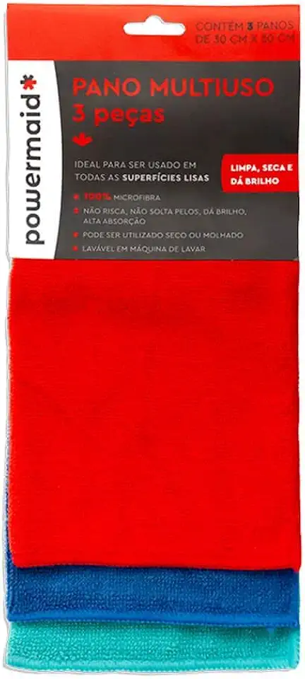 Powermaid Pano para Limpeza Multiuso - 100% Microfibra - 3 peças 30x30 cm