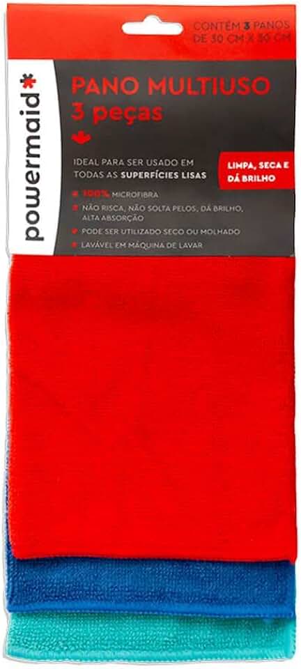 Powermaid Pano para Limpeza Multiuso - 100% Microfibra - 3 peças 30x30 cm