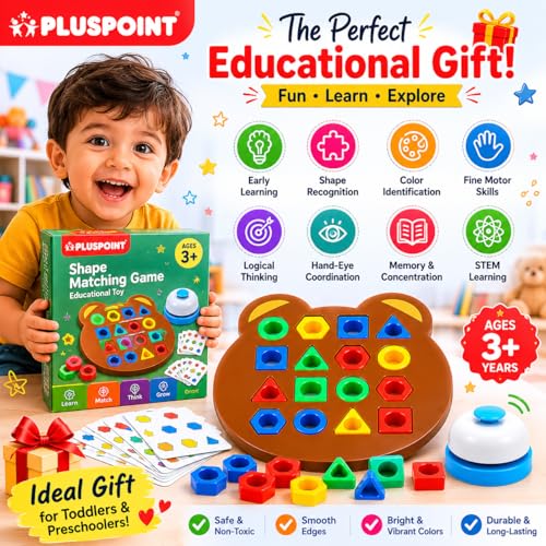 Image of PLUSPOINT Shape Matching Puzzle Game for Kids | 30 Question Cards,32 Colorful Shapes,2 Bear Boards & Bell | Educational STEM Toy for 3+ Years |Montessori Learning Toy for Shape & Color Recognition