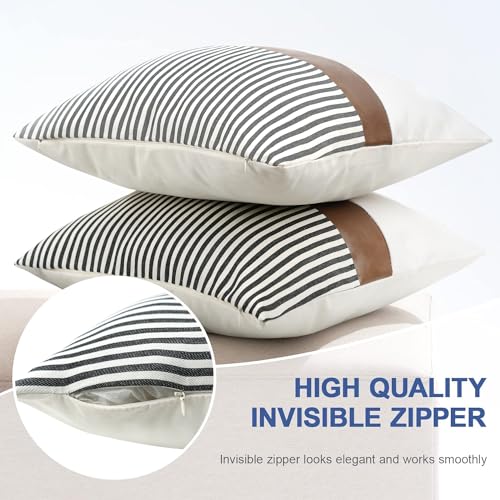 Cygnus Set Of 2 Farmhouse Decor Stripe Patchwork Linen Throw Pillow Covers,Modern Tan Faux Leather Accent Pillow Covers 18X18 Inch,Gray thumb #5
