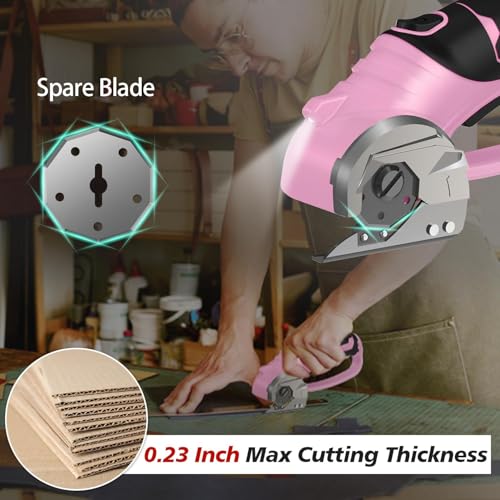 Image of 4V Cordless Electric Scissors, Rechargeable Box Cutter & Cardboard Cutter with LED Light, Rotary Cutter for Fabric, Leather, Carpet, Plastic, Crafting, Sewing with Storage Box -Pink