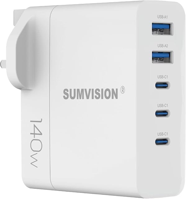 SUMVISION 140W USB C Compact Wall Fast Charger Plug Adapter/ 5 Port GaN PD PPS Compatible with Apple Macbook Pro Dell XPS Laptop iPad Air iPhone 14 Galaxy S23 Ultra Pixel 7 UK TECH SUPPORT