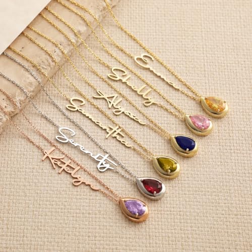 Birthstone Name Necklace Personalized for Women,Custom Sideways 18K Gold Plated Name Necklace Customized Letter Necklace Mom Birthday Christmas Gifts for Her4