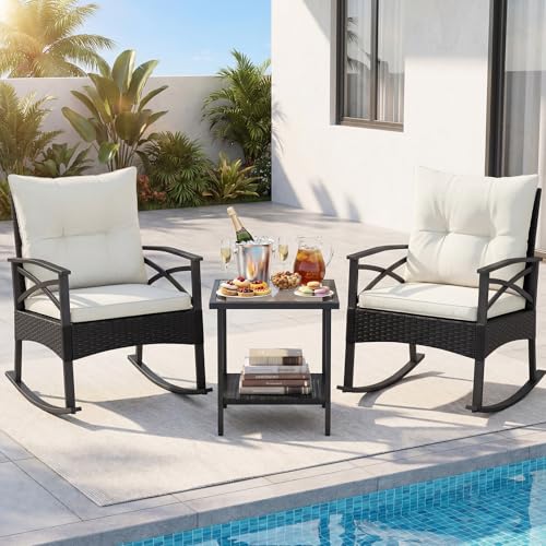 Image of Tangkula 3 Pieces Wicker Outdoor Rocking Chairs Set | Heavy Duty | Cushioned | Rattan Rocker Bistro Set w / 2-Tier Tempered Glass Coffee Table for Garden, Balcony, Backyard