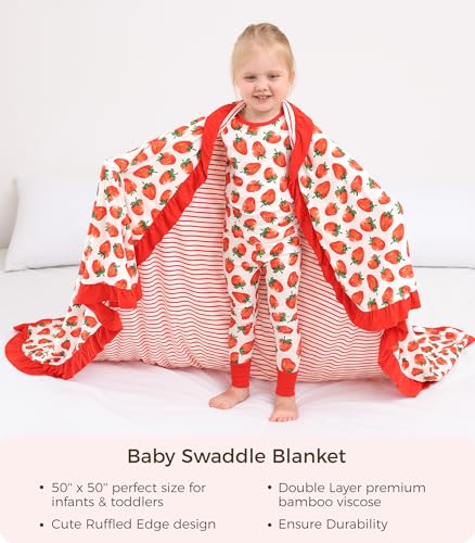 Image of Premium Baby Blankets, Soft Viscose from Bamboo Blanket for Girls, Nursery Crib Bedding Quilt for Newborn and Toddler, Ruffle Blanket Cooling for Hot Sleepers, 50''x50'' Strawberry