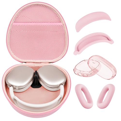 Image of Hard Case for AirPods Max 2 Supports Sleep Mode, Travel Carrying Headphone Case with AirPods Max 2 /1 Clear Ear Cups Cover /Silicone Earpad Case /Headband Cover, Protective Portable Storage Bag, Pink