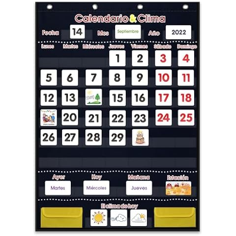 Calendario Espanol - Spanish Calendar Pocket Chart Calendar and Weather Pocket Chart with 142 Spanish Flash Cards - Weather Calendar for Classroom Teaching,Homeschooling in Spanish (Black) Cover