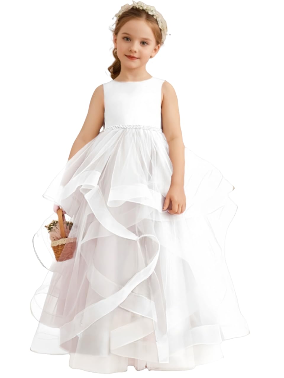 Mädchenkleid Aus Satin Tüll Ärmellos mit Schleife Ideal für Geburtstag Abschlussball Prinzessinnenhochzeit Party Langes Ballkleid Training Oder Aufführung(150cm)