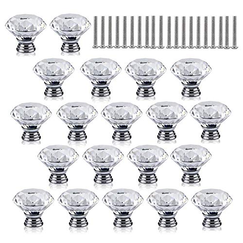 Pack de 20 pomos de cristal redondos con forma de diamante para gabinete de cajones transparentes para gabinetes de habitaciones, cajones y muebles (transparente)