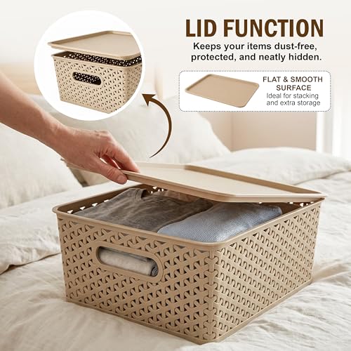 Image of JD Fresh Pack of 3 Premium Plastic Storage Basket with Lid /Smooth Handle Design&Stackable Storage Organizer /Durable Kitchen Storage Basket for Clothes, Vegetables, Fruits, Toys and Stationery(Biscuit)
