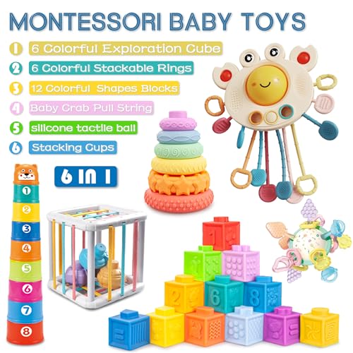 Image of 6 in1 Baby Toys 6-12 Months，Infant Toys 6-12 Months，Incl 12pc Soft Stacking Blocks &Silicone Pull String & Manhattan Ball& 2 Stacking Toys & Sensory Toys for Babies. Baby Development Toys