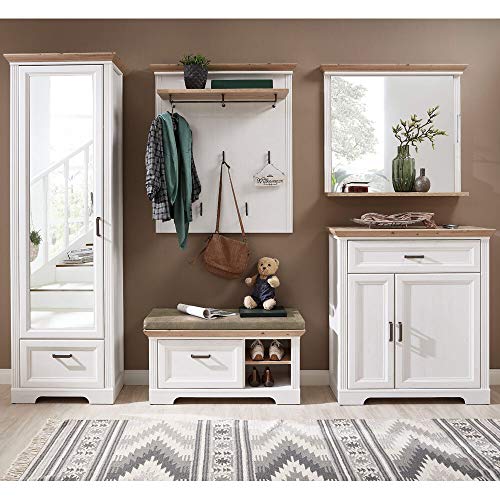 Lomadox Landhaus Flurmöbel Garderobenset in Pinie weiß mit Artisan Eiche - inkl. Sitzpolster