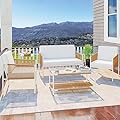 JAMFLY 5 Piece Patio Wicker Furniture Set, Outdoor Patio Furniture Rattan Conversation Set, All Weather Conversation Set for Backyard, Balcony, Deck with Soft Cushions and Glass Table