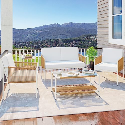 JAMFLY 5 Piece Patio Wicker Furniture Set, Outdoor Patio Furniture Rattan Conversation Set, All Weather Conversation Set for Backyard, Balcony, Deck with Soft Cushions and Glass Table