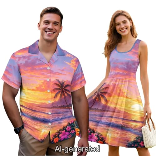 Image of Dreaweet Summer Dresses for Women A-Line Sleeveless Flowy Sun Dresses,Men's Casual Button-Down Shirts,Couple Matching Outfits