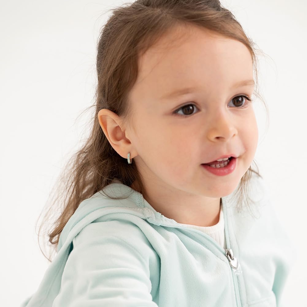 925 Sterling Silver Simulated Opal Inlay Huggie Hoop Earrings For Little Girls and Preteens 8mm - Glittering Simulated Opal Earrings For Young Girls - Cute Huggie Earrings For Kids - Image 2