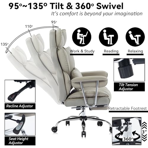 Image of Efomao Big and Tall Office Chair 400lbs - High Back Executive Chair with Swivel Base, PU Leather Upholstery, Lumbar Pillow, Padded Armrests, and Rolling Wheels,Grey Computer Chair