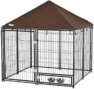 PawHut Outdoor Dog Kennel Puppy Play Pen with Canopy Garden Playpen Fence Crate Enclosure Cage Rotating Bowl 141 x 141 x 151 cm