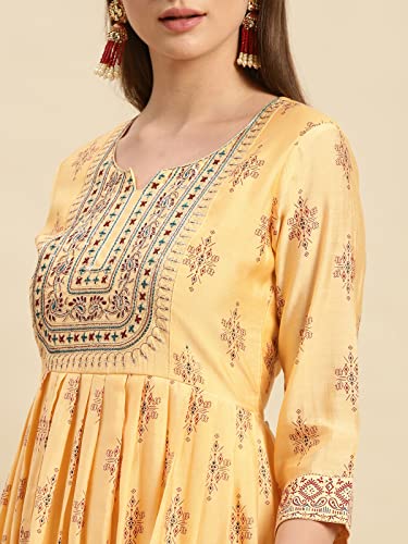 Image of rangita Yellow Viscose Blend Calf Length Embroidered Flared Kurti for Women | Kurta for Women