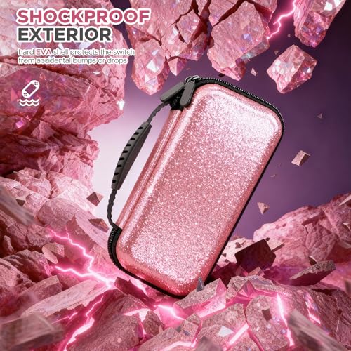 Image of homicozy Carrying Case for Nintendo Switch 2 (2025),Glitter Hard Shell Protective Travel Case with 10 Game Cartridges Storage & Accessories Holders,Portable Shockproof Pouch for Console,Pink