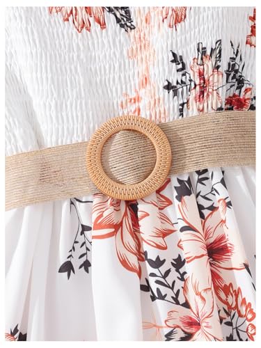 Girl's Floral Puff Sleeve Vacation Dress Smocked Ruffle Hem A Line Summer Dresses with Belt4
