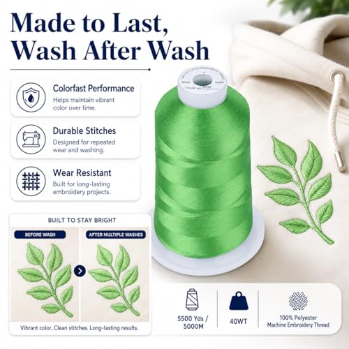 Image of Simthread 5500Yds Embroidery Thread, 5000M High-Yardage 40WT 100% Polyester Thread - 170+ Vivid Colors, High-Speed Rated - Compatible with Brother, Singer, Janome & More - Christmas Green S039 | 5000M 40WT polyester thread feeds smoothly for home or commercial embroidery projects.
