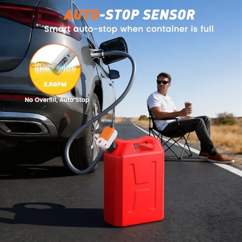 Fuel Transfer Pump with Auto-Stop,3.8 GPM Flow, 51'' Heavy Duty PVC Hose, Battery or USB Powered Gas Can Pump with 4 Can Adapters, No Spill Sensor, Portable Fuel Pump for Oil, Diesel, Gasoline - 1