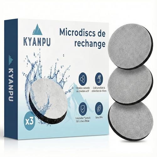 KYANPU - Lote de 3 discos filtrantes compatibles con Brita MicroDisc – 450 L de filtración (3 x 150 L) – Recarga botella y jarra – Carbón activado anticloro, PFAS & Sabor