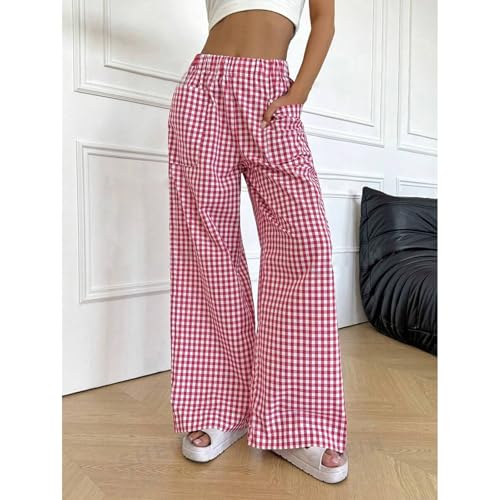 Women Plaid Print Pants Casual Elastic Waist Wide Leg Checkered Trousers Vintage Loose Bottoms Streetwear2