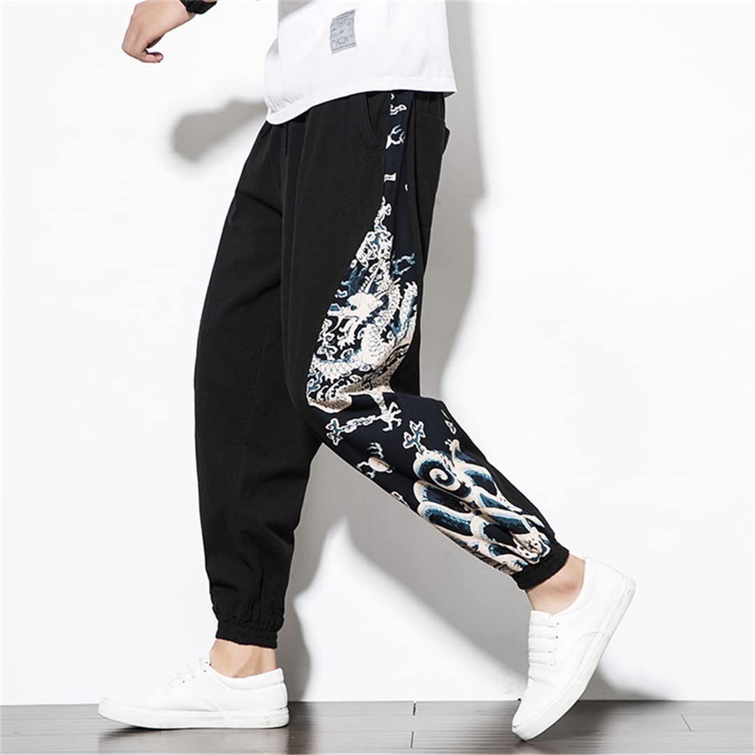 Tradizionale Stile Giapponese Haori Harem Pantaloni per gli Uomini Casual Cotone Lino Pantaloni Adulto Uomo Stampa Drago Cinese Kimono Nero 2XL