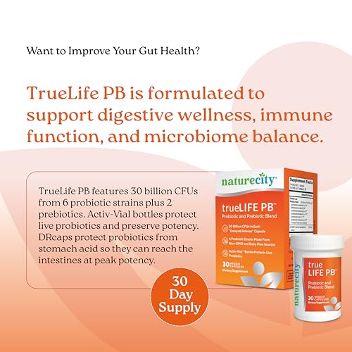 Image of NatureCity True-Life-PB Shelf Stable Blend Prebiotics and Probiotics for Women and Men - Digestive Gut Health Supplements for Women and Men - Dairy Free - (30 Veggie Capsules)