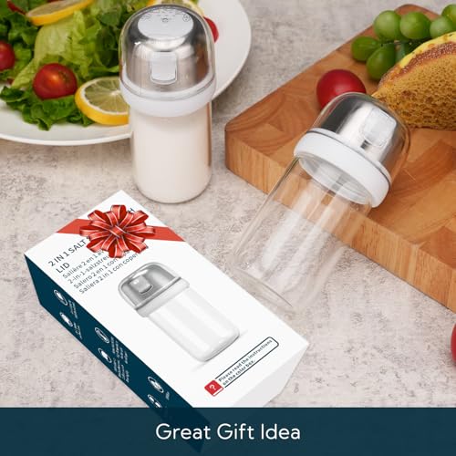 Image of KTCHENDAO 2 in 1 Glass Salt Shaker with Side Pour Spout, Built-in Lid to Slow Down Dampness with Mearsuring Marks, Elegant Borosilicate Glass Salt Dispenser for Kitchen, BPA Free, 4oz (White)