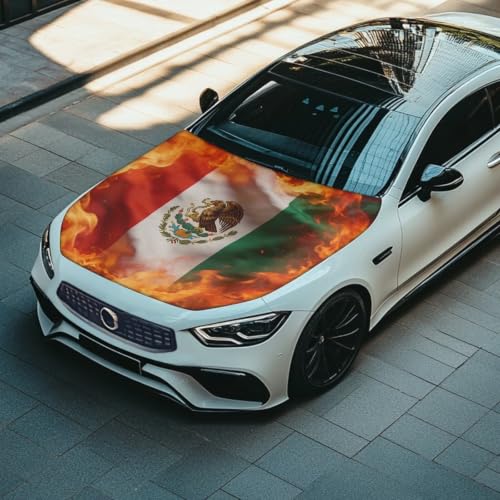 Image of Mexican Flag Print Car Hood Cover Protector Stretchable Car Hood Wrap Blankets Mexican Independence Day Decorations Automotive Exterior Accessories for Compact SUV Sedans Trucks Pickup