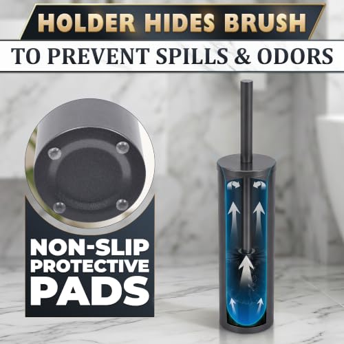 Image of Graphite Metallic Stainless Steel Toilet Brush and Holder Set | Toilet Bowl Brush and Holder with Splash Cover, Sturdy Bristles, Corrosion & Scratch Resistant, Elegant Design