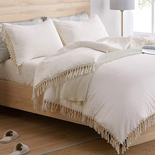 Image of Bohemian Boho Chic Ivory Macrame Tassel 3 pc. Full /Queen Size Bed Bedding Duvet Comforter Cover and Sham Set Solid Cream Off White Cotton Fringe Textured Tufted Luxury Minimalist Farmhouse Indie