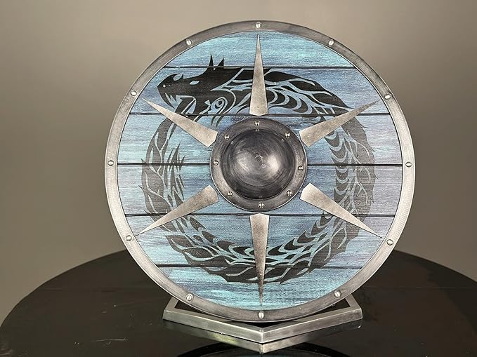 Bouclier dragon | Bouclier viking authentique en bois porté par la mythologie nordique Valhalla | Bouclier guerrier médiéval bleu/noir