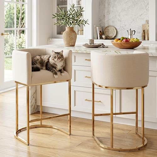 Image of HNY Modern Cream Counter Height Barrel Upholstered Counter Stools Set of 2, 29 Inch Linen Fabric Kitchen Island Stools with Gold Metal Frame