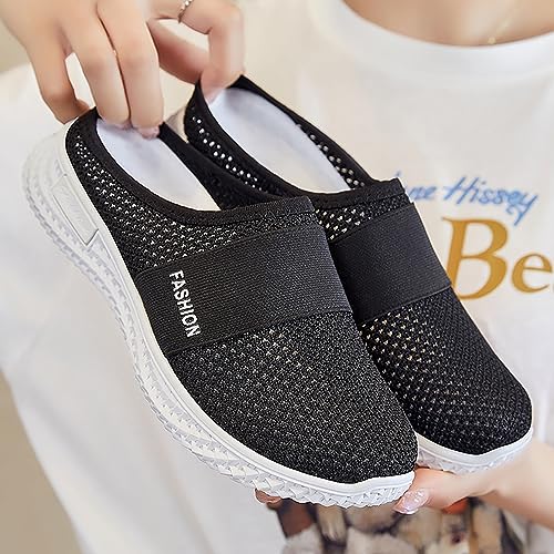 Women's Knitted Mesh Flat Mules,Fashion Backless Breathable Mesh Fabric Non-Slip Soft Soles Comfort Slip-on Outdoor Walking Sneakers Slippers4
