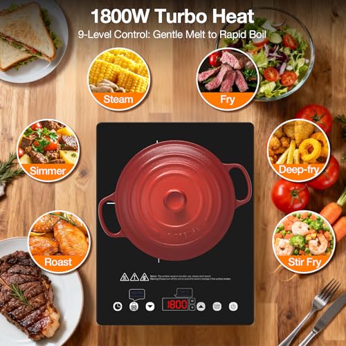 Image of Electric Cooktop 110v,Single Burner Electric Stove Infrared Cooktop Hot Plate 1800W,4-Hour Setting,Black Crystal Glass Surface Compatible for All Cookware