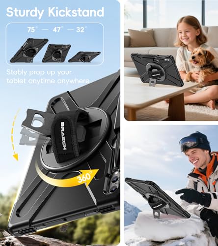 Image of BRAECN Case Galaxy Tab S10 Plus / S9 Plus / S9 FE+ / S8 Plus / S7 Plus / S7 FE | 12.4 inch Shockproof Heavy Duty Full Body Protective Cover with Hand Strap & Kickstand, Shoulder Strap, S Pen Holder Black