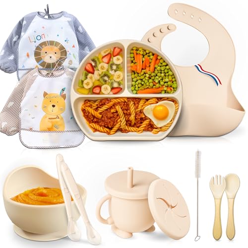 Shely KIDS Coffret repas bebe avec assiette bebe à ventouse cuillere bebe 1er age x2-bol bebe-2 bavoirs bebe à manches longues-1 bavoir silicone-tasse apprentissage bebe-couvert enfant x2(Beige)